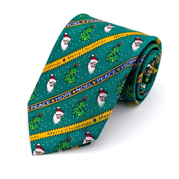 Vintage Cape Cod Neckwear Repp Tie Novelty Christmas Santa Peace Hope Noel Green - Picture 1 of 11